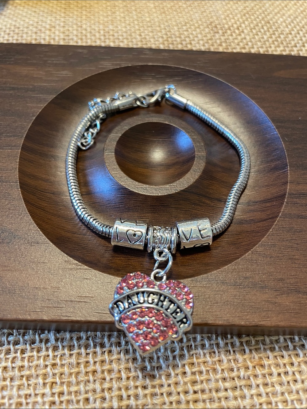 Daughter’s Love Stainless Steel Pink Rhinestones Charm Bracelet